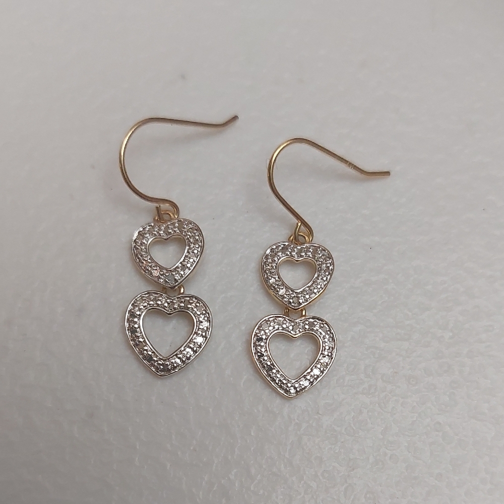 PAJ 925 China Crystal Paved Double Drop Heart Dangle Earrings Gold Over Sterling